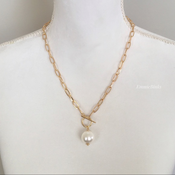 ✨3/$38 New Golden Paperclip Chain Faux Pearl Toggle Clasp Front Closure Necklace - Picture 9 of 16